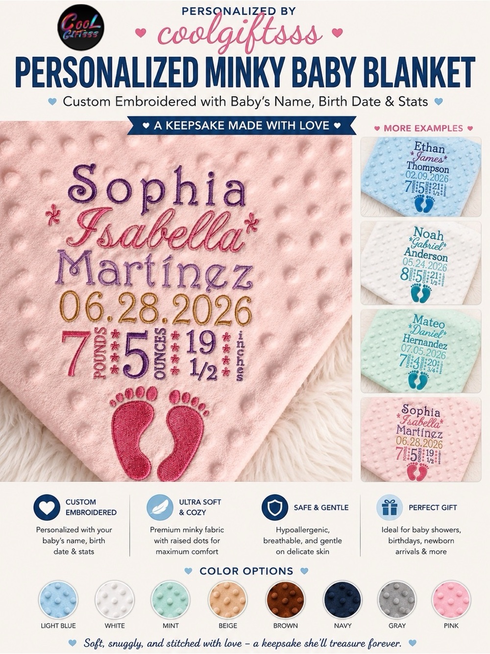 Personalized Pink Minky Baby Blanket - Custom Embroidered Name new made to order